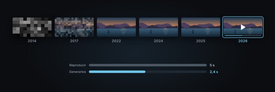 Evolución de la generación de vídeo con IA: el mismo plano pasa de ruido pixelado en 2014 a vídeo nítido en 2026, generado en 2,4 segundos frente a los 5 que dura
